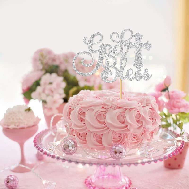 WeBenison God Bless Cake Topper Silver Glitter First Communion Baby Shower Party Decorations Bless This Child - Image 4